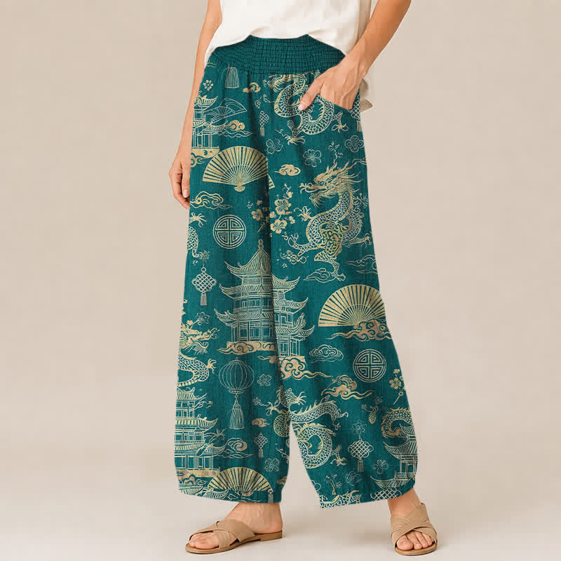Buddha Stones Cotton Oriental Dragon Palace Pattern Pleated Elastic Waist Women's Harem Pants With Pockets - image 1