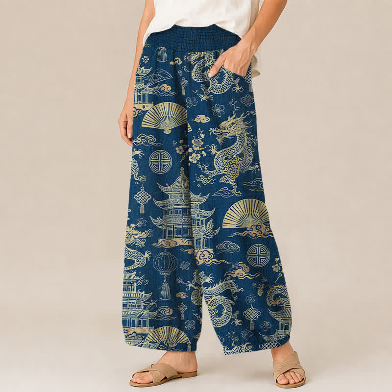 Buddha Stones Cotton Oriental Dragon Palace Pattern Pleated Elastic Waist Women's Harem Pants With Pockets - image 7