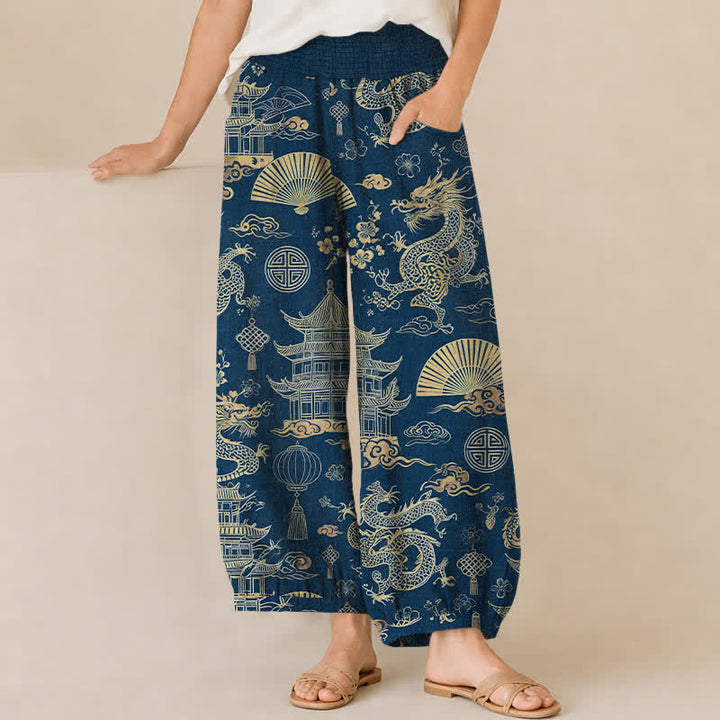 Buddha Stones Cotton Oriental Dragon Palace Pattern Pleated Elastic Waist Women's Harem Pants With Pockets - Navy - US16，UK/AU20，EU48 (3XL) - image 6