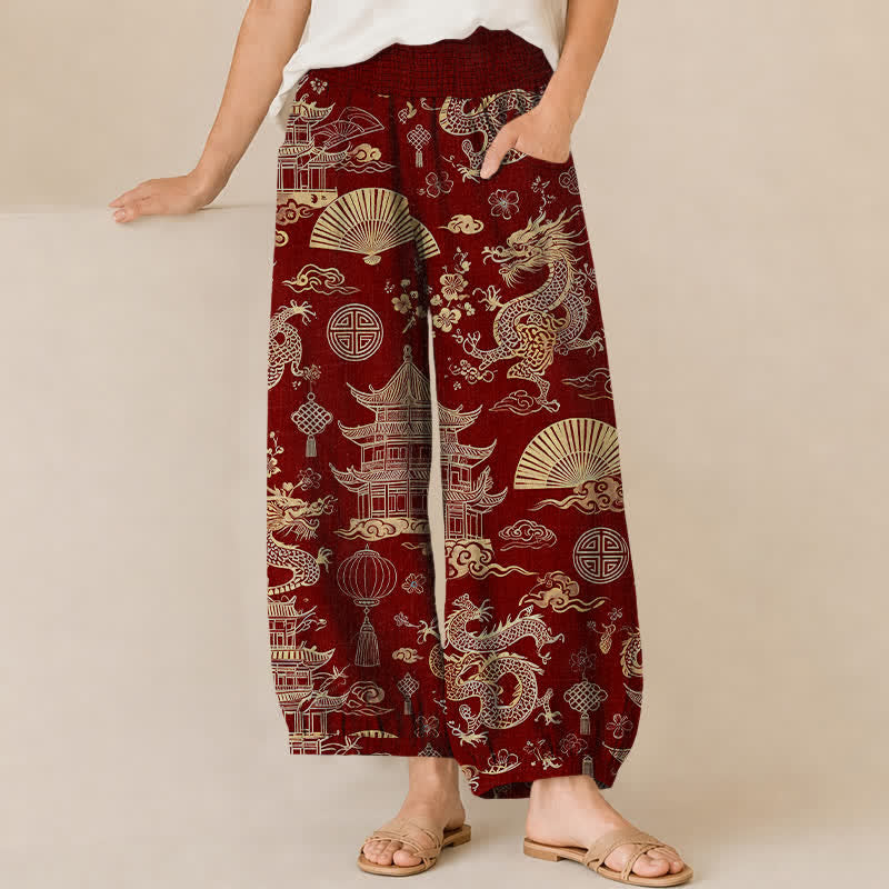 Buddha Stones Cotton Oriental Dragon Palace Pattern Pleated Elastic Waist Women's Harem Pants With Pockets - Maroon - US16，UK/AU20，EU48 (3XL) - image 10