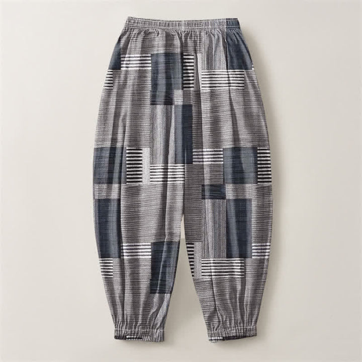 Buddha Stones Pure Cotton Patchwork Plaid Stripe Pattern Drawstring Men's Harem Pants With Pockets - image 14