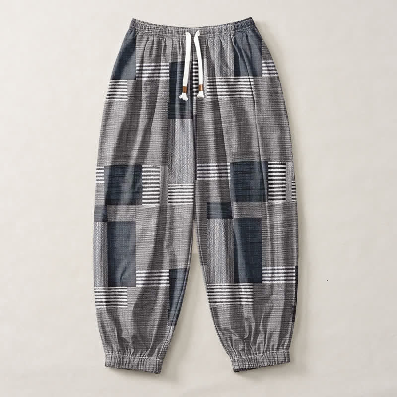 Buddha Stones Pure Cotton Patchwork Plaid Stripe Pattern Drawstring Men's Harem Pants With Pockets - image 13
