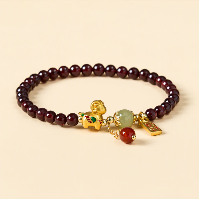 Buddha Stones Year of the Goat Garnet Cute Sheep Lamb Fu Character Coins Protection Bracelet - Geen Sheep(Wrist Circumference: 5.9-6.3  in / 15-16cm) - image 0