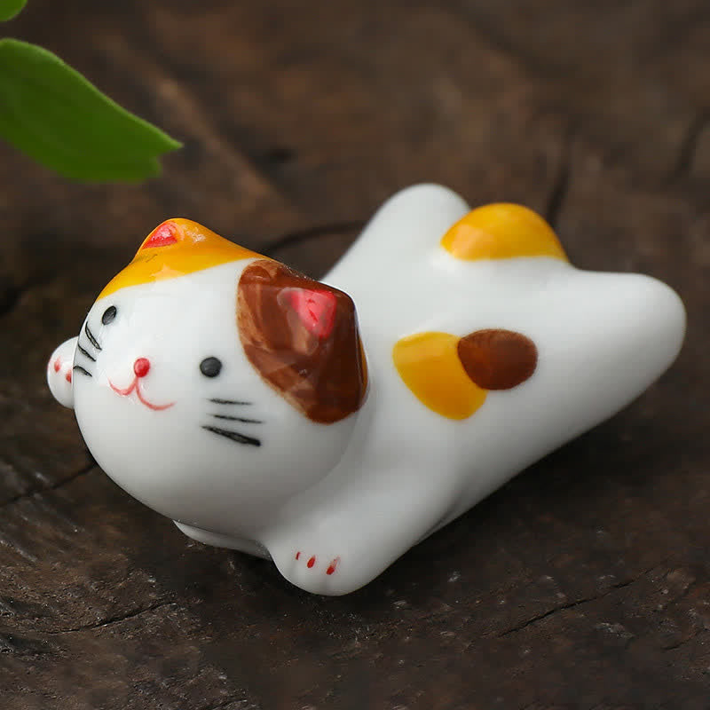Buddha Stones Hand-Painted Small Cute Cat Ceramic Chopstick Holder - Yellow Brown Approx. 5.1 × 3.1 × 2.5 cm - image 4