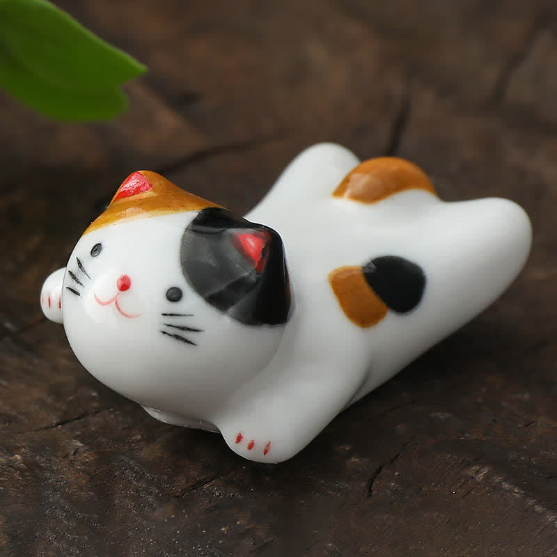 Buddha Stones Hand-Painted Small Cute Cat Ceramic Chopstick Holder - Brown Black Approx. 5.1 × 3.1 × 2.5 cm - image 1