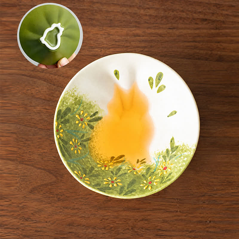 Buddha Stones Hand-Painted Cat Pattern Floral Ceramic Tea Cup 30 ml - Green Field & Daisies - Approx. 30 ml - image 1