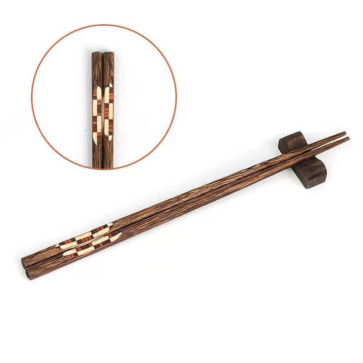 Buddha Stones Wenge Wood Retro Geometric Inlaid Japanese Style Grounding Chopsticks - White-Brown - 6 Pairs Set (One Pcs For Each Pattern) - image 3