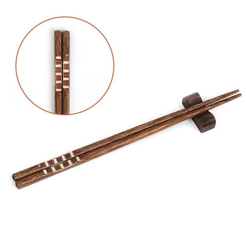 Buddha Stones Wenge Wood Retro Geometric Inlaid Japanese Style Grounding Chopsticks - Beige-Brown Stripes - 6 Pairs Set (One Pcs For Each Pattern) - image 4