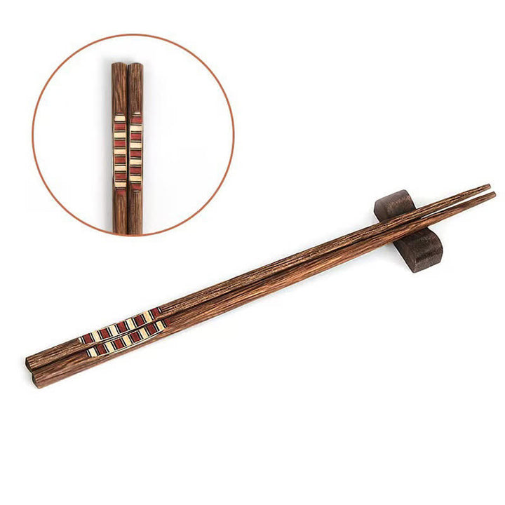 Buddha Stones Wenge Wood Retro Geometric Inlaid Japanese Style Grounding Chopsticks - Beige-Brown Stripes - 6 Pairs Set (One Pcs For Each Pattern) - image 4