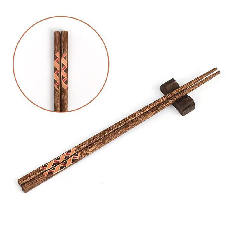 Buddha Stones Wenge Wood Retro Geometric Inlaid Japanese Style Grounding Chopsticks - Brown Lines - 6 Pairs Set (One Pcs For Each Pattern) - image 7