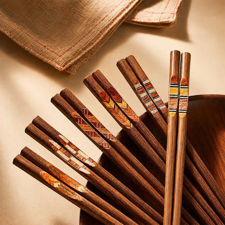 Buddha Stones Wenge Wood Retro Geometric Inlaid Japanese Style Grounding Chopsticks - Set - 6 Pairs Set (One Pcs For Each Pattern) - image 0