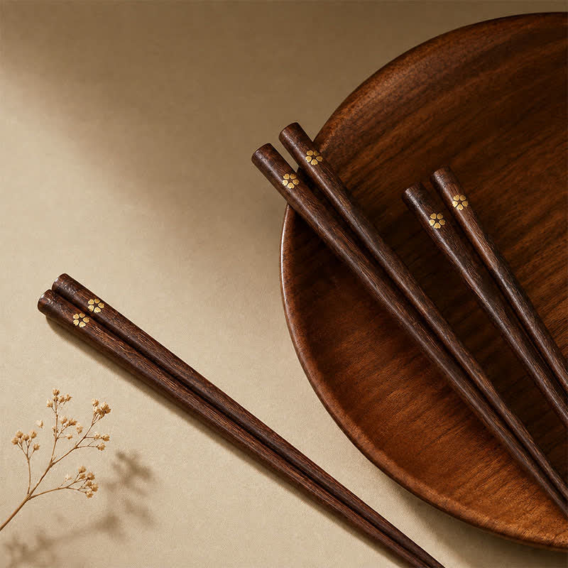 Buddha Stones Japanese Style Golden Floral Wood Bamboo Chopsticks - image 0