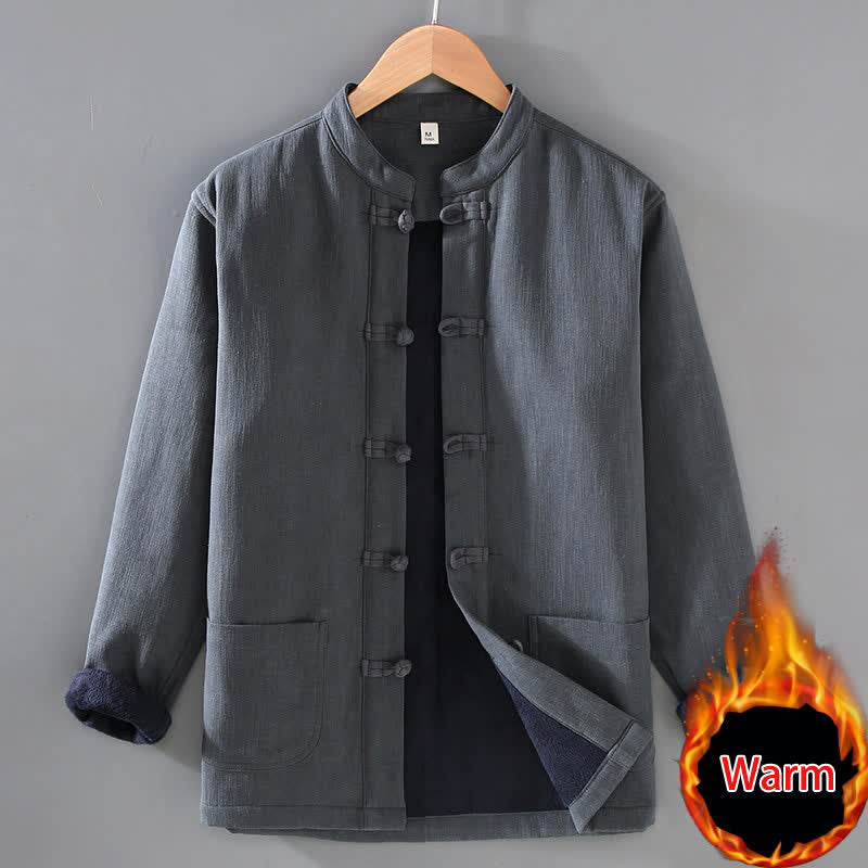Buddha Stones Fall Winter Casual Tang Style Mandarin Collar Solid Ramie Men's Jacket With Pockets - DimGray - US/UK/AU42，EU52 (3XL) - image 0