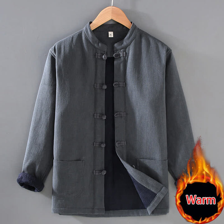 Buddha Stones Fall Winter Casual Tang Style Mandarin Collar Solid Ramie Men's Jacket With Pockets - DimGray - US/UK/AU42，EU52 (3XL) - image 0