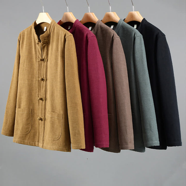 Buddha Stones Fall Winter Casual Tang Style Mandarin Collar Solid Ramie Men's Jacket With Pockets - image 14