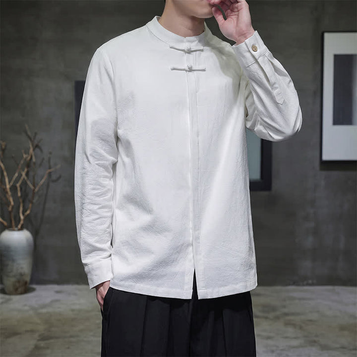 Buddha Stones Spring Tang Style Minimalist Frog Button Solid Men's Long Sleeve Shirts - image 2