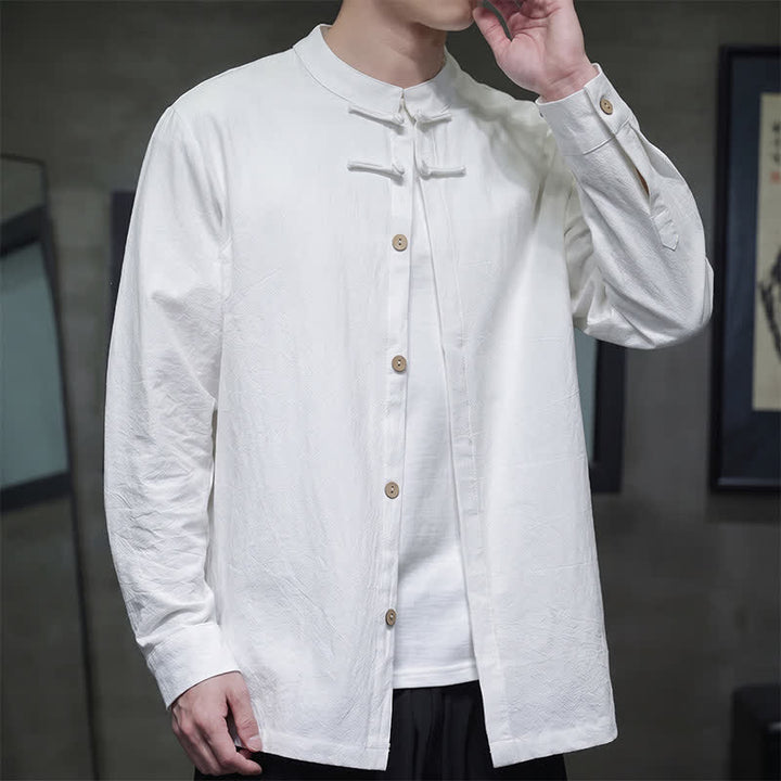 Buddha Stones Spring Tang Style Minimalist Frog Button Solid Men's Long Sleeve Shirts - image 5