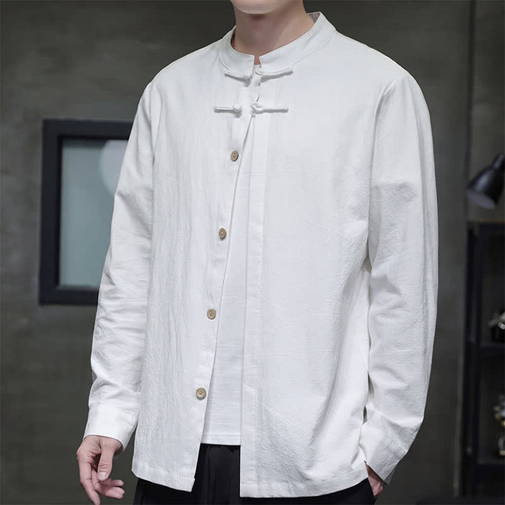 Buddha Stones Spring Tang Style Minimalist Frog Button Solid Men's Long Sleeve Shirts - image 6
