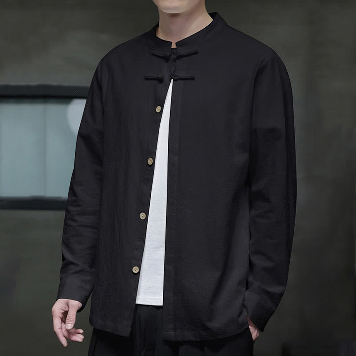 Buddha Stones Spring Tang Style Minimalist Frog Button Solid Men's Long Sleeve Shirts - image 15