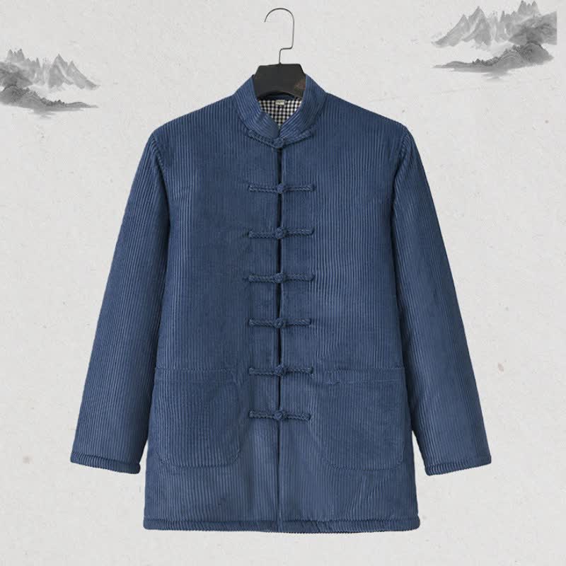 Buddha Stones Fall Winter Vintage Tang Style Frog Button Solid Corduroy Men's Jacket With Pockets - image 1