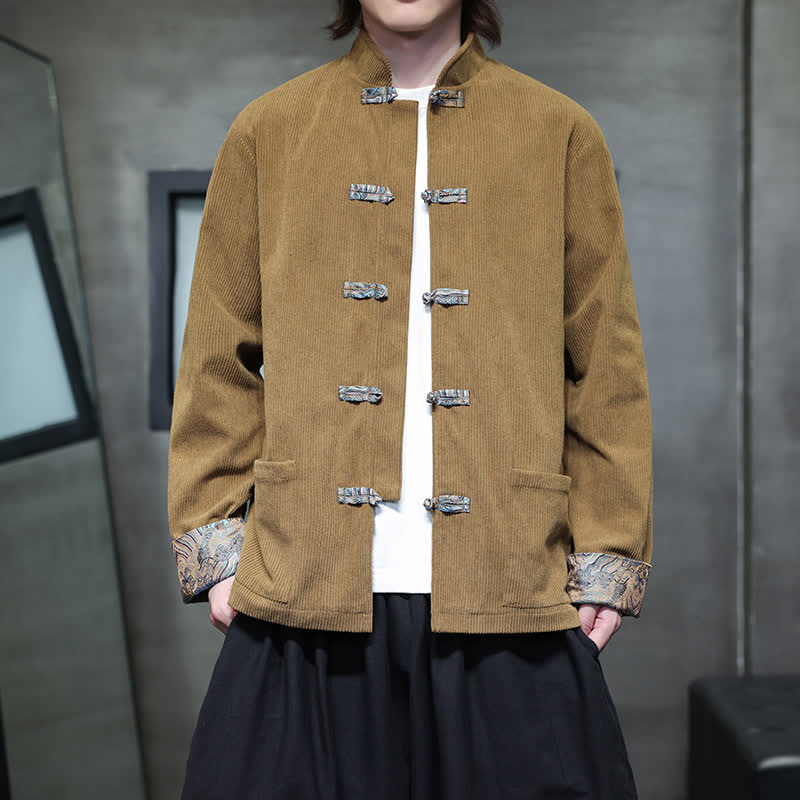 Buddha Stones Fall Winter Casual Retro Tang Style Mandarin Collar Solid Corduroy Men's Jackets With Pocket - Sienna - US/UK/AU46，EU56 (5XL) - image 0
