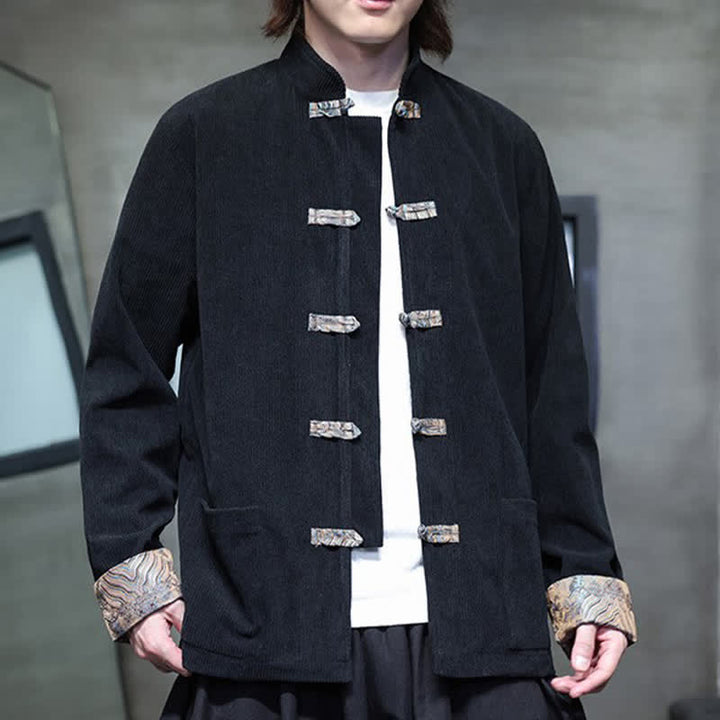 Buddha Stones Fall Winter Casual Retro Tang Style Mandarin Collar Solid Corduroy Men's Jackets With Pocket - image 12