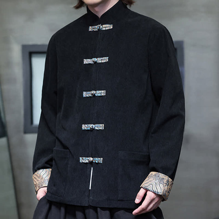 Buddha Stones Fall Winter Casual Retro Tang Style Mandarin Collar Solid Corduroy Men's Jackets With Pocket - image 19