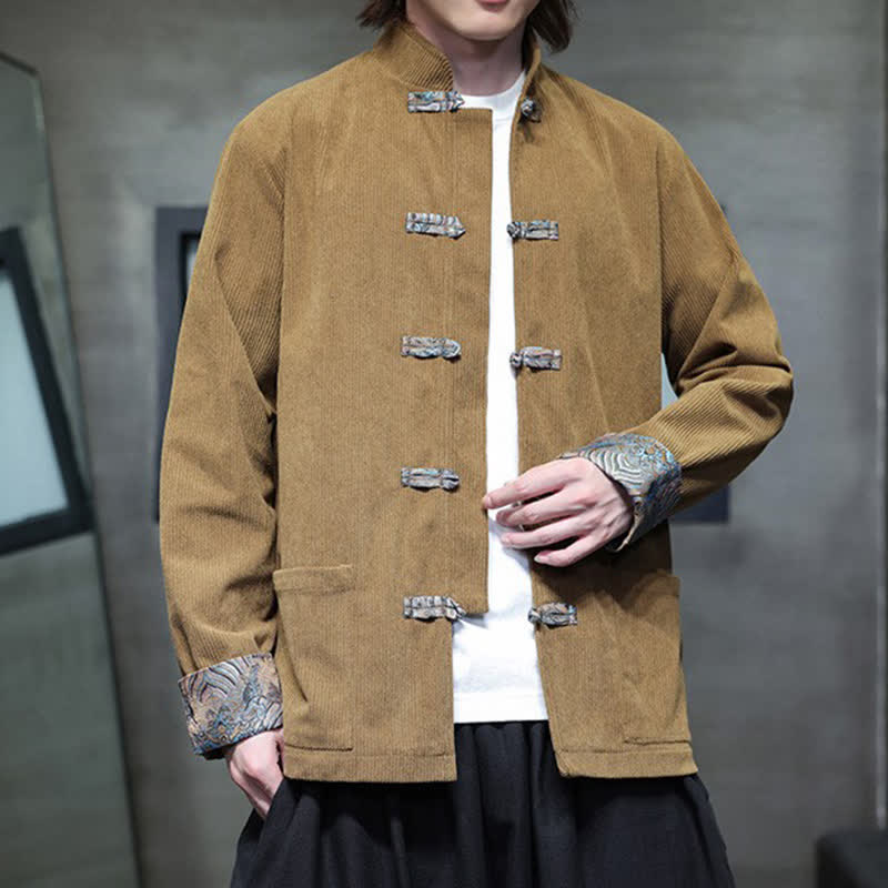 Buddha Stones Fall Winter Casual Retro Tang Style Mandarin Collar Solid Corduroy Men's Jackets With Pocket - image 6