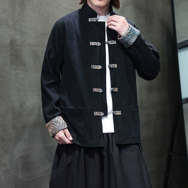 Buddha Stones Fall Winter Casual Retro Tang Style Mandarin Collar Solid Corduroy Men's Jackets With Pocket - image 14