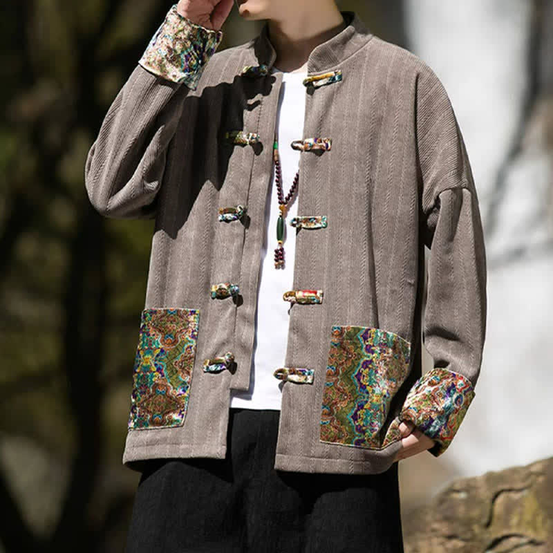 Buddha Stones Fall Winter Casual Tang Style Frog Button Solid Men's Jacket With Colorful Pockets - image 17