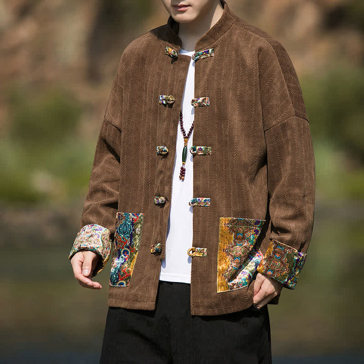 Buddha Stones Fall Winter Casual Tang Style Frog Button Solid Men's Jacket With Colorful Pockets - SaddleBrown - US/UK/AU46，EU56 (5XL) - image 0