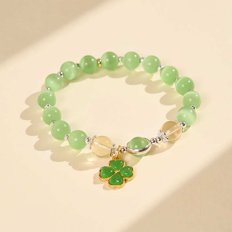 Buddha Stones Cat's Eye Citrine Beads Cyan Jade Four-leaf Clover Support Bracelet - image 2