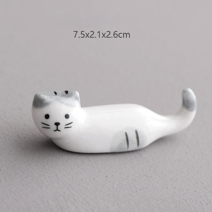 Buddha Stones Ceramic Playful Cat Design Chopstick Holder - Gray-Eared Curled-Tail Cat Approx. 7.5 × 2.1 × 2.6 cm - Ceramic - image 2