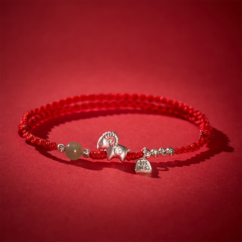 Buddha Stones Red String 999 Sterling Silver Year of the Goat Luck Bracelet - Goat - image 0