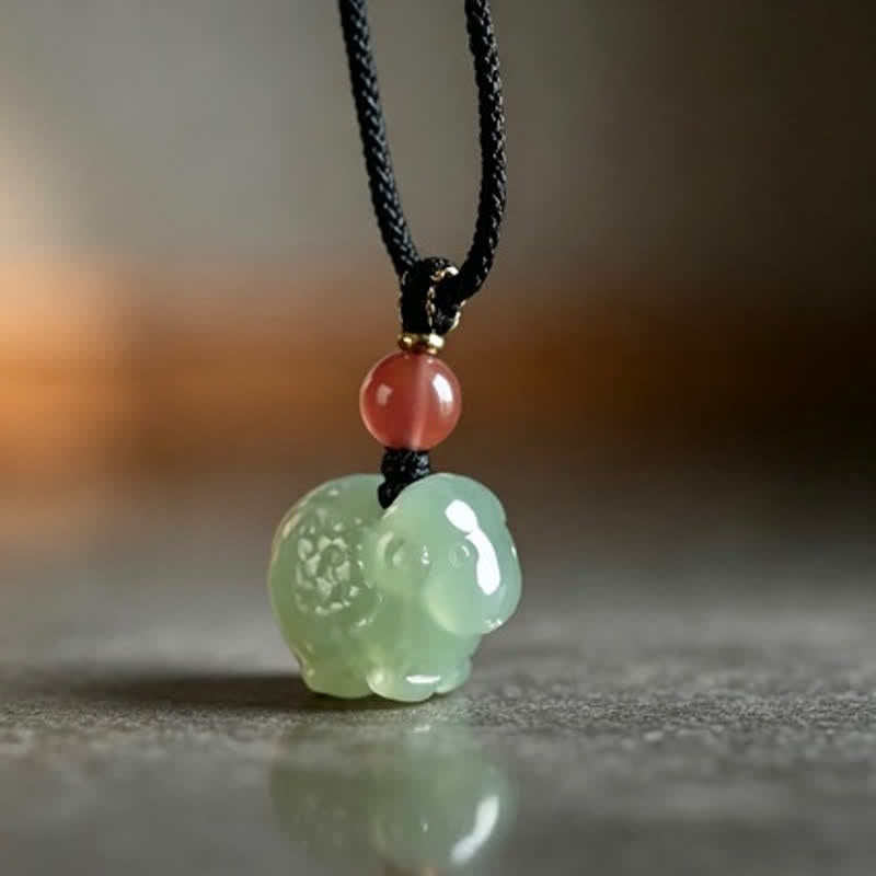 Buddha Stones Jade Hand-Carved Sheep Protection Braided Cord Necklace - Jade(Prosperity ♥ Abundance) - image 0
