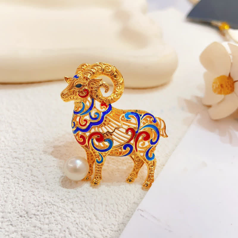 Buddha Stones Copper Goat Enamel Pearl Luck Brooch - image 1