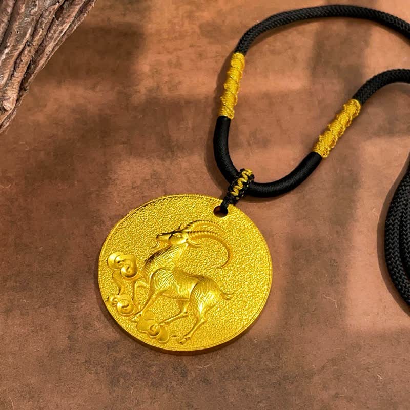 Buddha Stones Copper Relief Carved Goat Zodiac Luck Round Pendant Necklace - Thick Black Cord - image 0