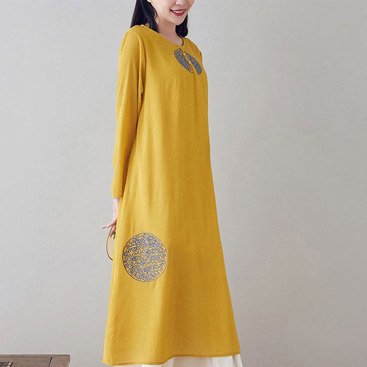 Buddha Stones Embroidery Long Sleeve Midi Dress Meditation Spiritual Zen Practice