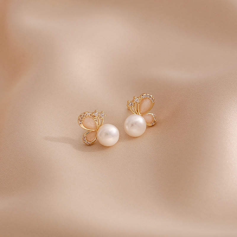 Buddha Stones 18K Gold Pearl Butterfly Love Freedom Stud Earrings - image 1