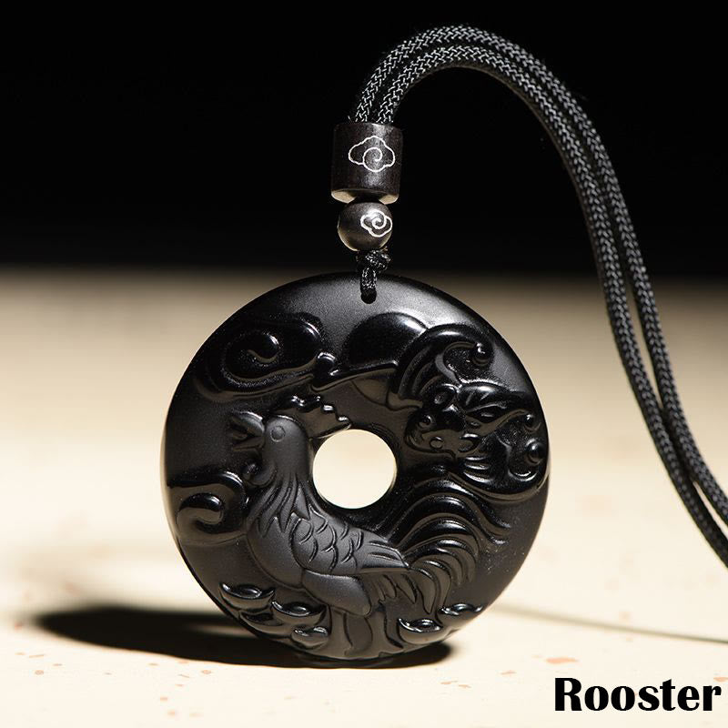 Buddha Stones Chinese Zodiac Natural Black Obsidian Peace Buckle Strength Necklace Pendant - Rooster - image 21