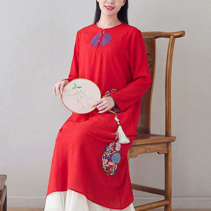 Buddha Stones Embroidery Long Sleeve Midi Dress Meditation Spiritual Zen Practice