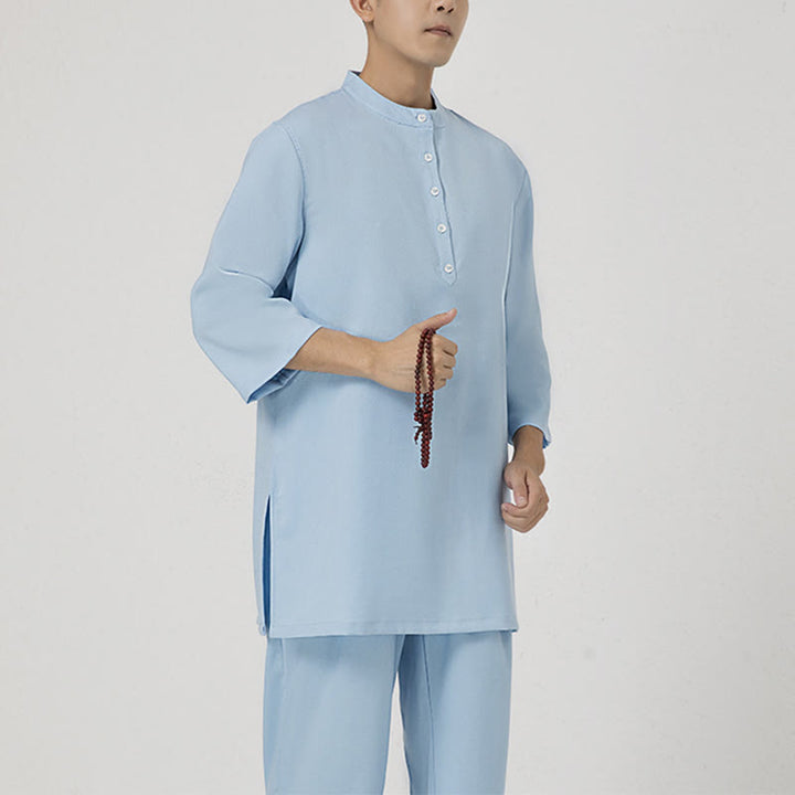 Buddha Stones 2Pcs Buttons Men's Three Quarter Sleeve Shirt Top Pants Meditation Zen Tai Chi Cotton Linen Clothing Set