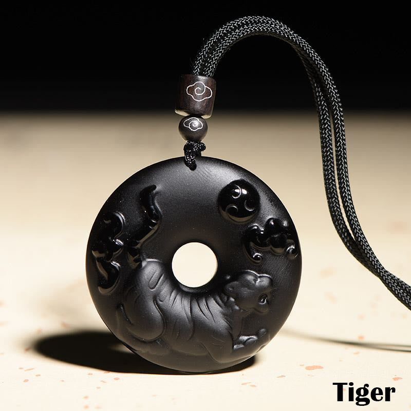 Buddha Stones Chinese Zodiac Natural Black Obsidian Peace Buckle Strength Necklace Pendant - Tiger - image 15