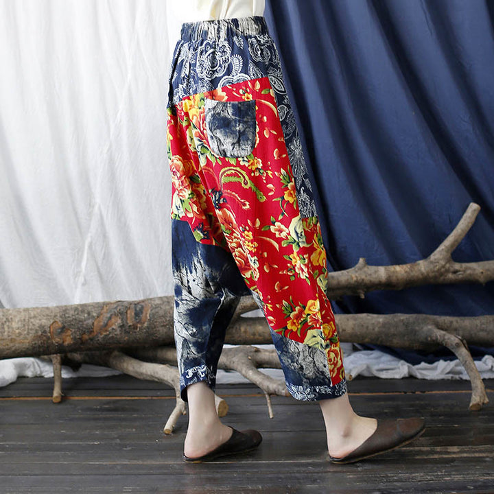 Buddha Stones Blue Red Peony Flowers Patchwork Cotton Linen Harem Pants With Pockets