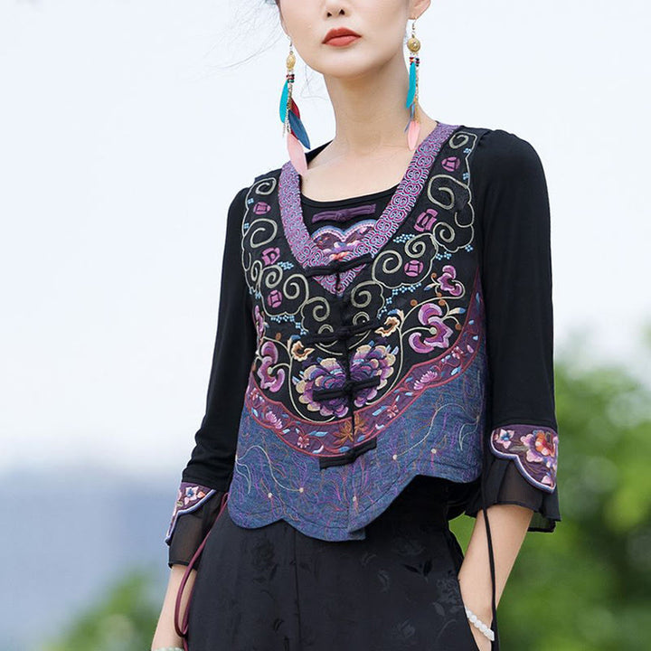 Buddha Stones Vintage Frog-Button Embroidery Purple Flower Tang Suit Design Sleeveless Vest