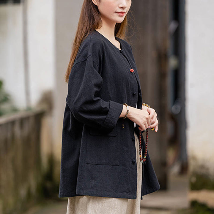 Buddha Stones Retro Zen Design Long Sleeve Shirt Ramie Linen Jacket With Pockets