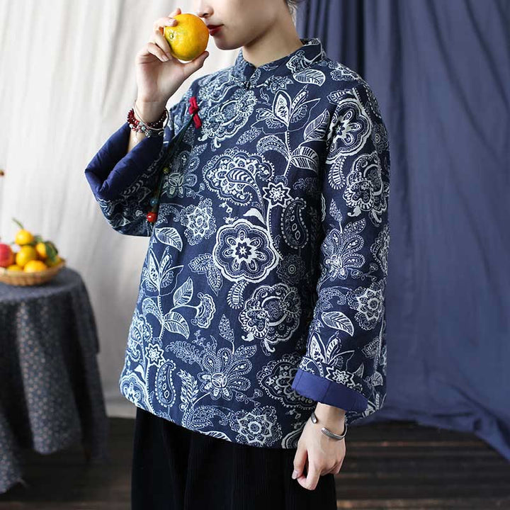 Buddha Stones Flowers Cotton Linen Jacket Shirt Chinese Northeast Style Winter Clothing