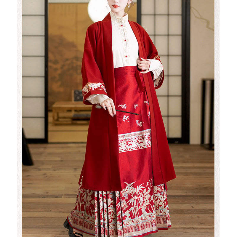 Buddha Stones Flower Bamboo Embroidery Long Sleeve Shirt Top Chinese Horse Face Skirt Mamianqun Wrapped Skirt Coat