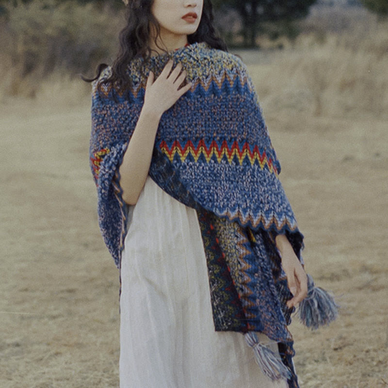 Buddha Stones Tibetan Shawl Soft Warm Knitting Cloak Winter Tibetan Tassel Scarf - image 14