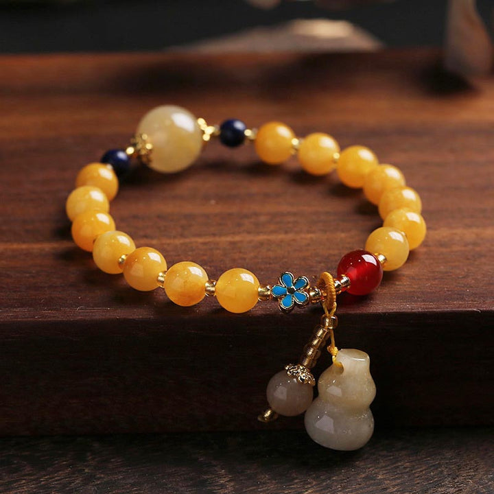 Buddha Stones Natural Golden Silk Jade Gourd Charm Wealth Luck Bracelet